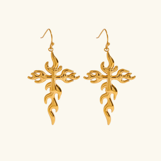 [Topon]Adrielle Branched Cross Gold Earrings